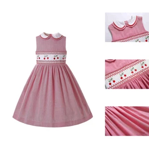 Hand Smocked Girl Dress with Embroidery Red Striped Dresses Summer 2-12 Years US - Picture 1 of 12