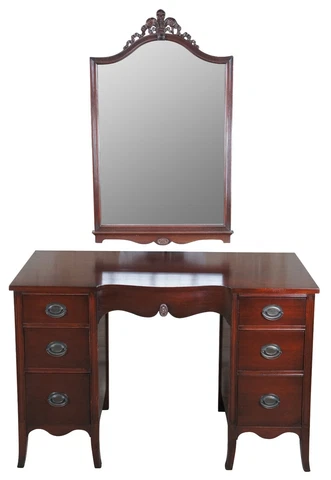 Antique West Michigan Furniture Co Sheraton Style Vanity Dressing Table & Mirror Cover