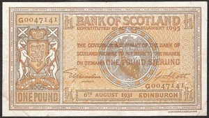 SCOTLAND  1 Pound  1931  F  P:86  VF  Bank of Scotland - Picture 1 of 2