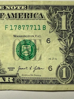 Trinary One Dollar Bill $1 1s 7s 8s F17877711B Fancy Serial Number Series 2021 - Image 1 of 4