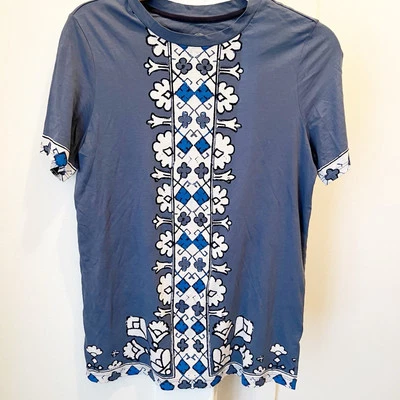Camiseta Tory Burch XS Manga Corta Algodón Pima Azul Blanco Foto 1 de 4