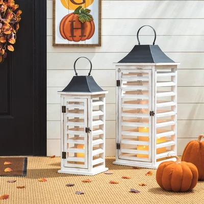 Farmhouse Wood Metal Candle Lanterns Tall Vintage Decorative Candle Holders S... - Image 1 of 4