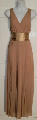 Maxi Vestido DOUBLE ZERO Natural Desnudo Beige Melocotón Aspecto Seda Plisado Satén Faja M Foto 1 de 4