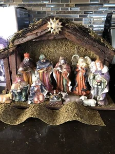 JC Penney Home Collection Rustic Porcelain Nativity Scene With Creche Used W/Box - Picture 1 of 7