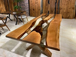 "Handcrafted Clear Epoxy Resin Live Edge Walnut Table – Dining & Office Meeting" - Picture 1 of 10