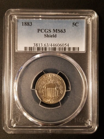 1883 Shield Nickel * PCGS MS63 * Lustrous  Coin * Light Gold Tone Cover