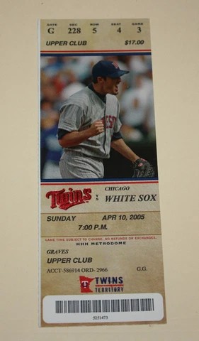 Minnesota Twins Ticket Stub | April 10 2005 | Torii Hunter 121st Career HR Cover