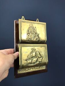 VINTAGE ANTIQUE OAK & BRASS NAUTICAL GALLEON SHIP WALL MOUNTED LETTER RACK 