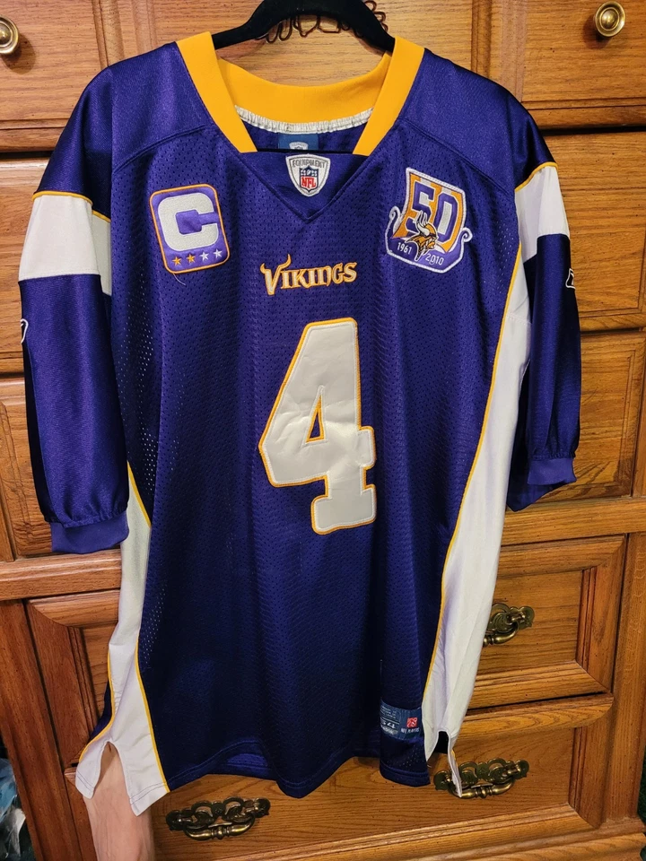 Camiseta Brett Favre #4 Minnesota Vikings para hombre NFL con parche de capitán talla 54 Reebok Foto 1 de 4