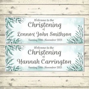 2 PERSONALISED EUCALYPYTUS CHRISTENING BANNER - ANY NAME - ANY DATE - Picture 1 of 2