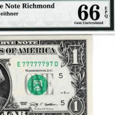 NEAR SOLID 797 BOEING S/N 77777797  $1  2009 Federal Reserve note Fr. 1934-E PMG - Image 1 of 3