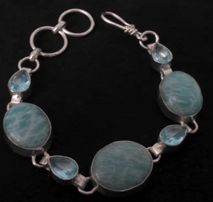 Sterling Silver 925 8” Amazonite & Blue Topaz Adjustable Bracelet (Grp. 17) - Picture 1 of 6