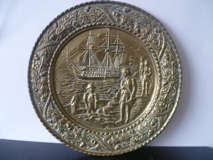 Vintage Galleon Themed Pressed Brass Wall Plate. 'Peerage' Brass Galleon Plaque - Picture 1 of 9