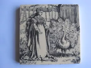 ANTIK VIKTORIANISCH 6" SQ. MINTONS ALBRECHT DURER FLIESE - LADY & PEACOCK C1885 - Bild 1 von 2