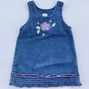 Y2K Vintage Blue Denim Dress with Embroidered Flowers Ruffles 2000 Retro Kidcore - Picture 1 of 7