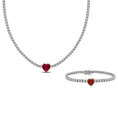 Amour Silver Created Ruby & Created White Sapphire Bracelet & Necklace Set - Image 1 of 4