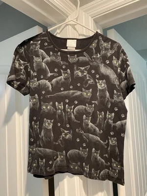 Camiseta bebé gato vintage mujer AOP negra gato ojos verdes Foto 1 de 4