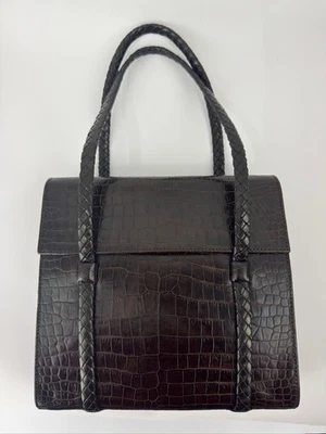 Bally Shoulder Bag Womens Dark Brown Croc Embossed Tote Leather Braided Handles - Image 1 of 4
