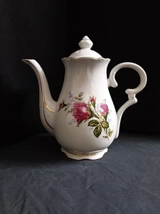 White w/ Pink Moss Rose, Gold Trim: Coffee Pot & Lid, 7" Tall - Picture 1 of 9