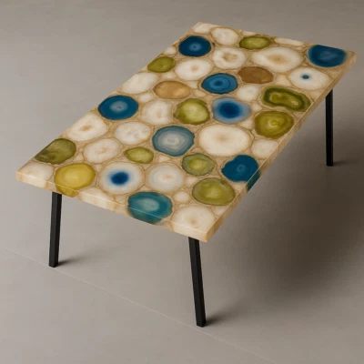 Blue & Yellow Agate Coffee Table | Handmade Gemstone Slab | Crystal Stone Decor - Image 1 of 4
