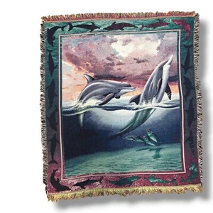 Vintage Dolphin Nautical Woven Tapestry Blanket Fringe 48x56 - Picture 1 of 5