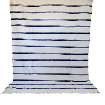 Old Vintage Handmade Moroccan Kilim Rug Blue Stripes Berber Tribal Wool Carpet - Image 1 of 4