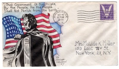 #904 Dorothy Knapp Hand Painted Cachet #20 Lincoln WWII Patriotic 1944 Rhinebeck - Image 1 of 2