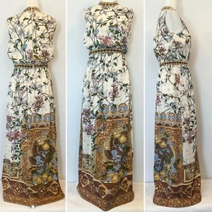 Goldworm Vintage 60er 70er Italien Blumenmuster Maxikleid ärmelloses Kleid 14 L - Bild 1 von 11
