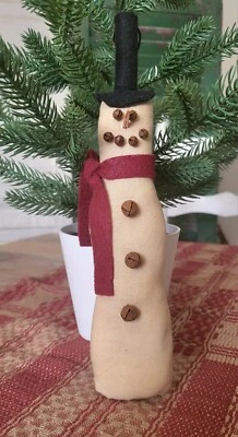 Primitive Handmade Snowman Ornament Tuck Top Hat Rusty Bells - Image 1 of 4