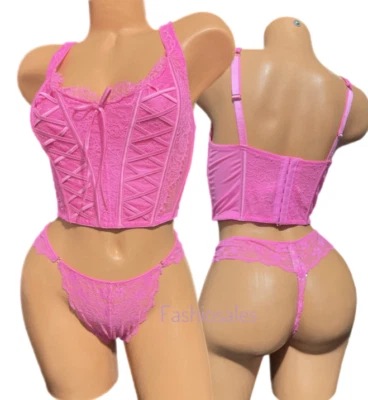 Victorias Secret Dream Angels Conjunto Corsé Sujetador y Tanga Panty Medio Rosa Brillante Foto 1 de 4