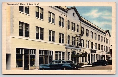 Commercial Hotel Aiken SC 1950 Postcard Linen Street View Old Cars Coffee Shop - Image 1 of 2