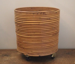 Vintage Mid Century Italian Pencil Reed Bamboo Basket Planter on Wheels - Picture 1 of 8