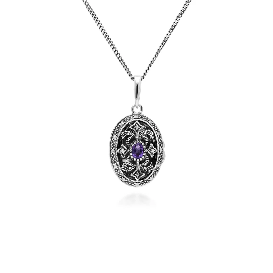 Art Nouveau Stile Ovale Ametista E Marcasite Medaglione Collana IN Argento - Immagine 1 di 1