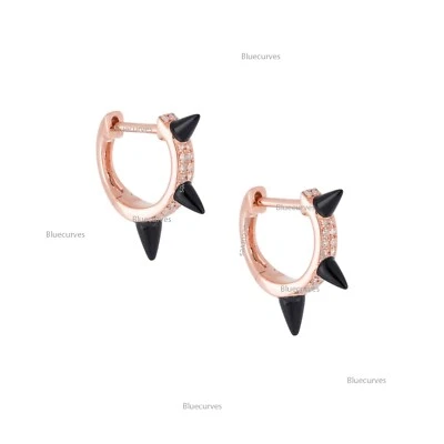 Трио черный оникс и натуральный паве бриллиант шип обручи Huggies серьги 14k золото - Изображение 1 из 4