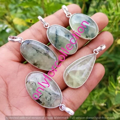 Compra lote de colgantes al por mayor de piedras preciosas de prehnita chapadas en plata de ley 925 Foto 1 de 3