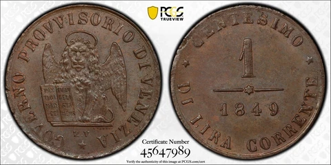 1849 Z V Venice Italy 1 Centesimo PCGS MS64 BN Brown Top Pop 3/0 in BN      2353 Cover