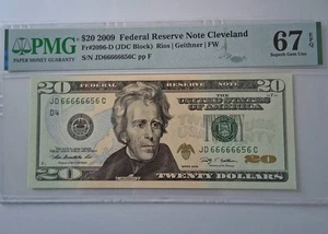 $20 2009 Near Solid Serial Number Federal Reserve Note Bill UNC67 #66666656 - Picture 1 of 4