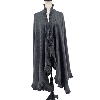 VTG Italian Wool Blend Ruffle Knit Cape Shawl Wrap Gray Y2K Italy Ruana Capelet - Image 1 of 4