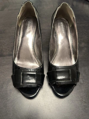 Zapatos de cuña peep-toe negros con relieve de cocodrilo para mujer elegantes hermosos bonitos talla 8 Foto 1 de 4