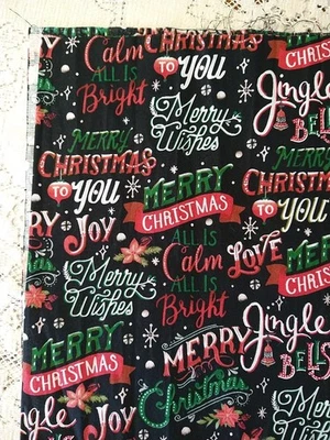 REMNANT Christmas Words COTTON FABRIC Black Chalkboard Script 11x32 Red Green - Image 1 of 4