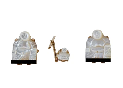 Conjunto de Gemelos Buda Madreperla SWANK De Colección Años 50 Ropa Formal Asiática MCM Boda Foto 1 de 4