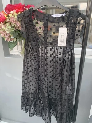 Brand New With Tags £22 NewLook Chiffon Blouse Uk8-10 Black Dot With Ruffle - Image 1 of 4