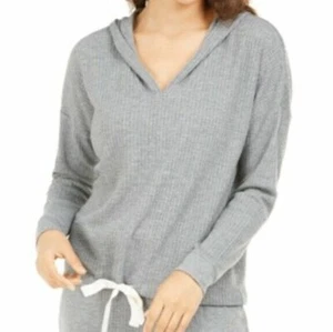 Alfani Women Medium Thermal Knit V-Neck Pajama Lounge Hoodie Pewter Heather Gray - Picture 1 of 7