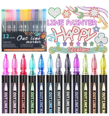 12 Colors Drawing Double Line Outline Pen Highlighter Marker Pens For School UK