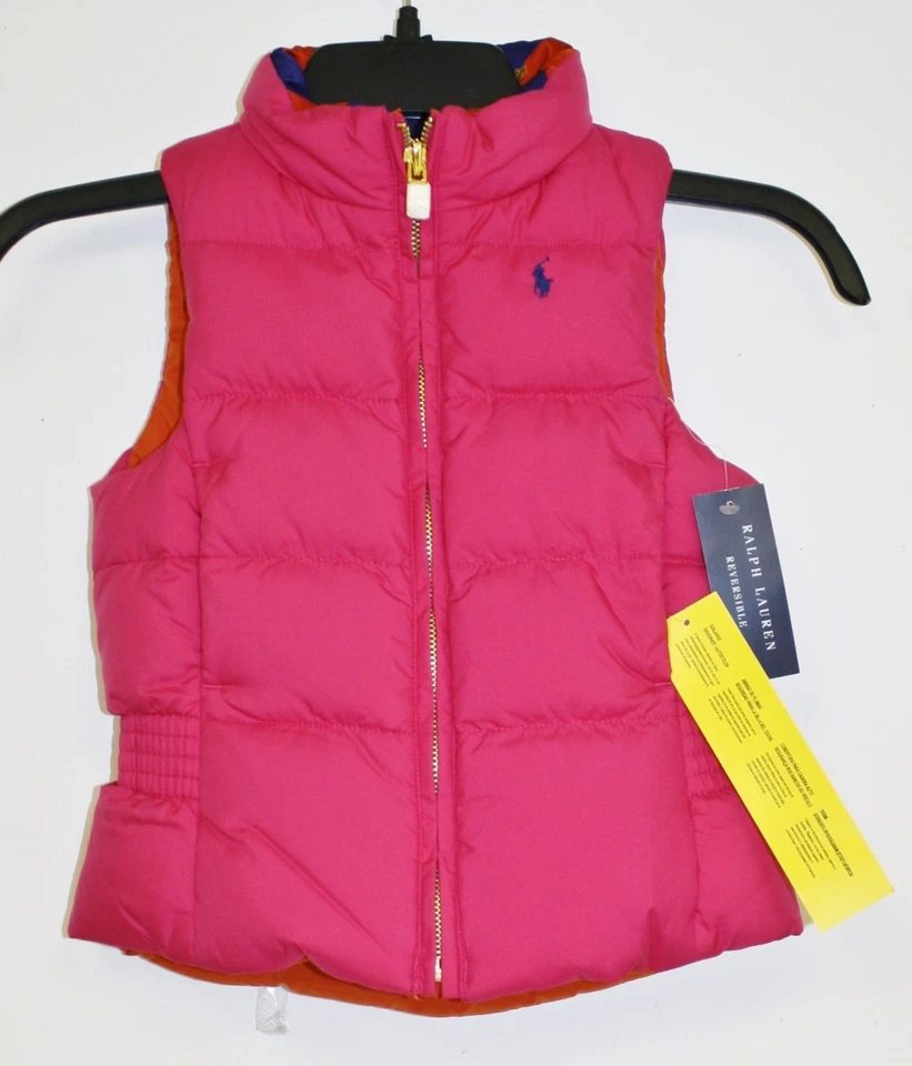 Ralph Lauren 双面背心羽绒填充粉色橙色标志小马标志 2T — 第 1/1 张图片