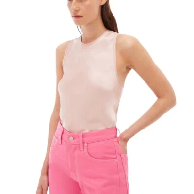 Blusa Helmut Lang Sorbete Rosa Sin Mangas Satén Espalda Torcida Dobladillo Deshilachado Talla Grande NUEVA Foto 1 de 4