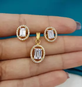 Modern Gold Pendant With Earring 22K Solitaire CZ Pendant Set Women Girl Jewelry - Picture 1 of 7