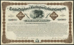 U.S.A: Toledo, Delphos & Burlington Railroad Company, income bond, 1880, $1000 - Picture 1 of 1