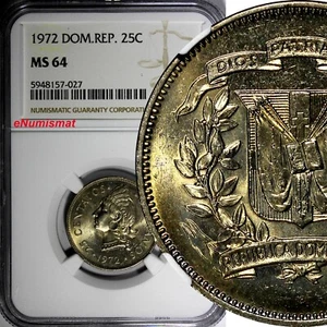 DOMINICAN REPUBLIC 1972 25 Centavos NGC MS64 GEM Mintage-800,000 KM# 20a.1 (027) - Picture 1 of 4