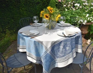 Tablecloth Jacquard Cotton 160x160 cm Ornaments Blue Beige France - Picture 1 of 6